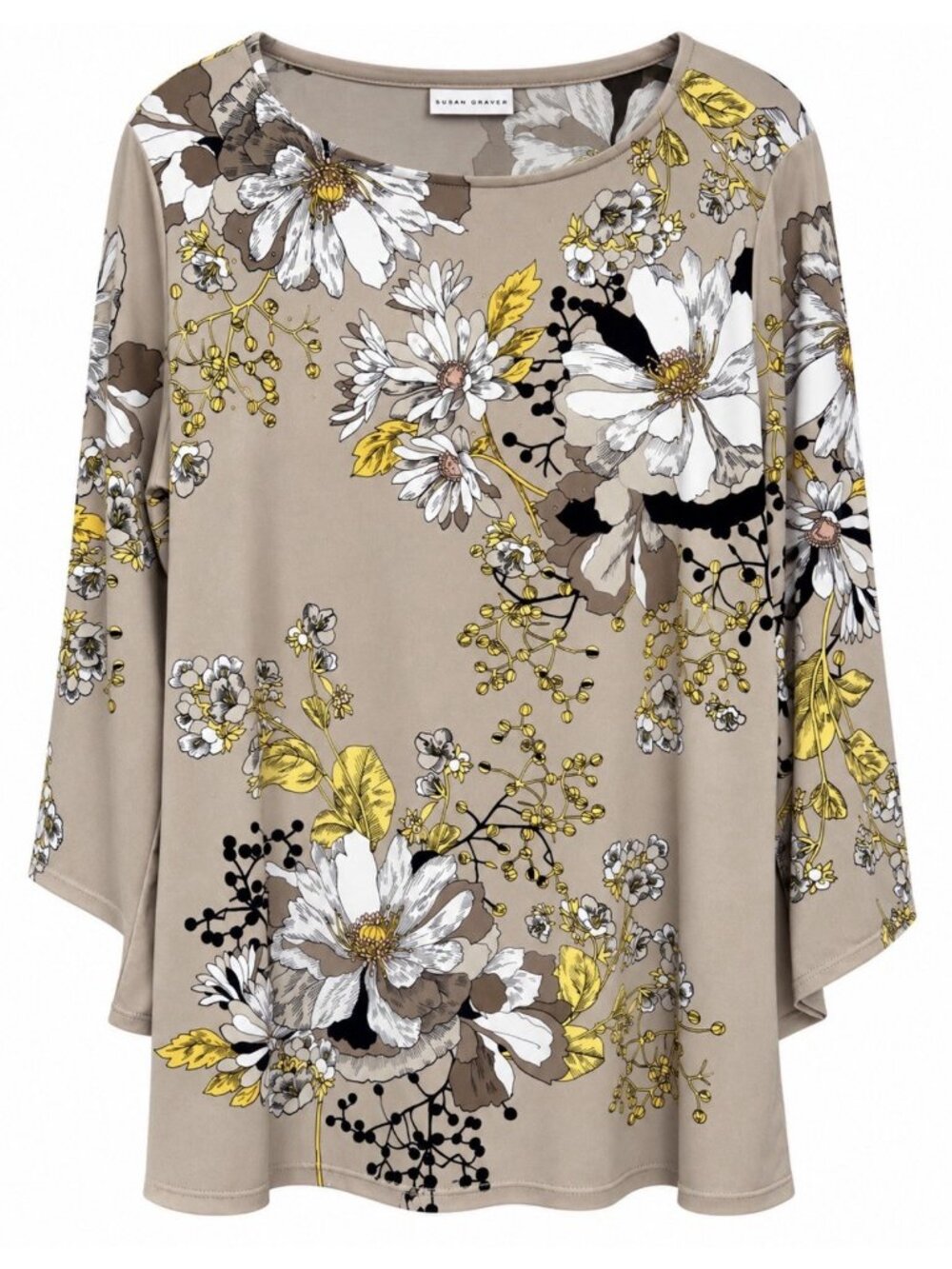 Susan Graver Womens 1X Top Blouse Floral Liquid Knit Jeweled Beige Tan White